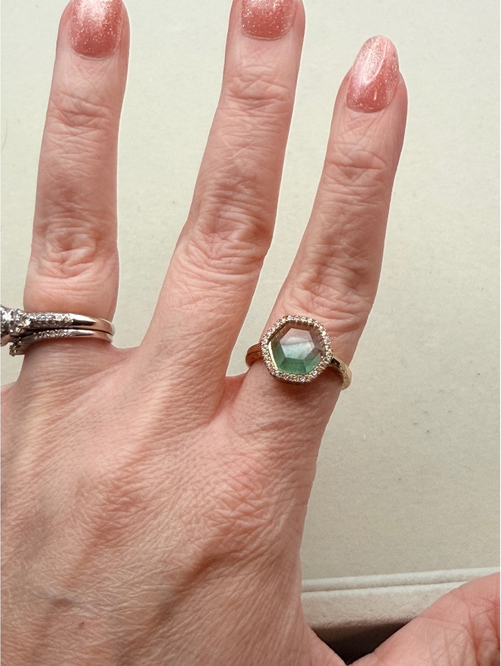 Gold tone green hexagon stone ring